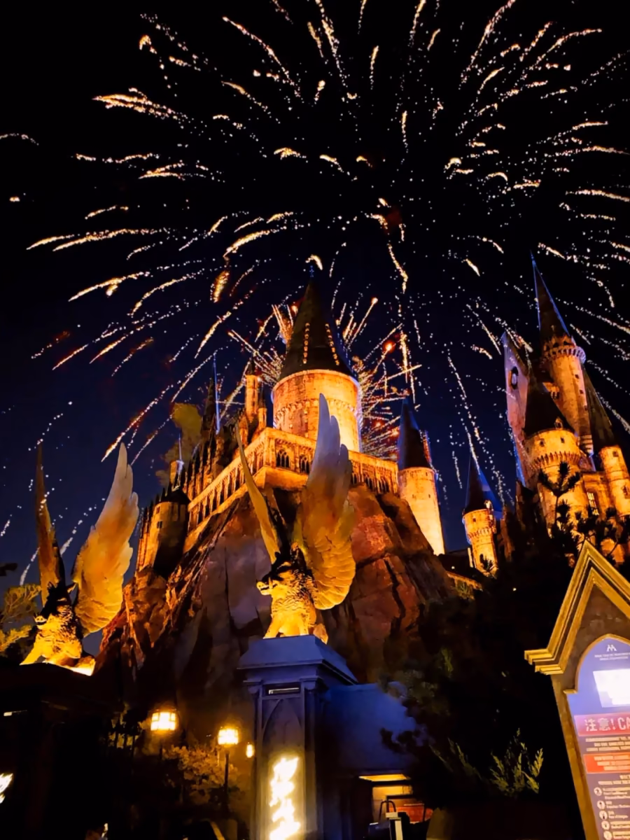 The Hogwarts castle at Universal Studios Beijing after dark