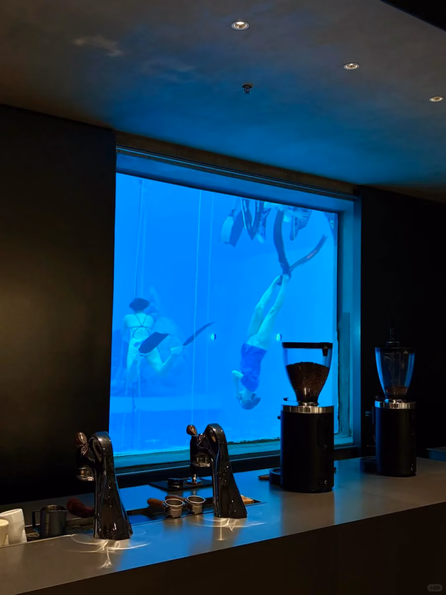 The café beside the indoor diving tank at Langyuan Station
